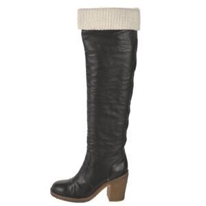 CHANEL TALL BLACK LEATHER AND WOOL RIDING BOOTS KNEE HIGH SIZE 6 AUTHENTIC